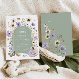 Small Purple Sage Green Fairy First Birthday Party Invitation Front View