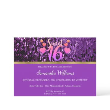 purple sequins sweet 16 invitation