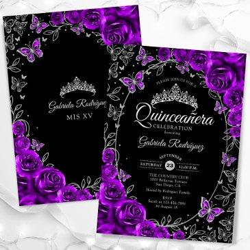 purple silver black quinceanera invitation