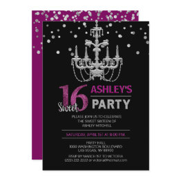 Small Purple Silver Chandelier Sweet Sixteen 16 Party Invitation Front View