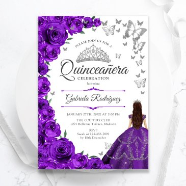 purple silver floral quinceanera invitation