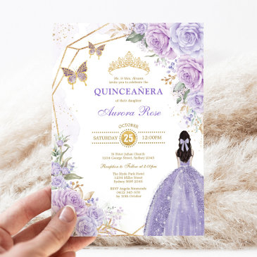 purple silver quinceañera butterfly princess party invitation