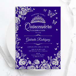 Small Purple Silver Roses Butterflies Quinceanera Invitation Front View