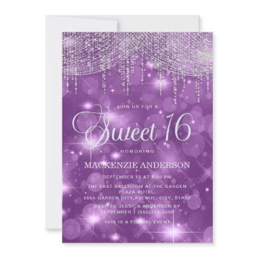 purple string lights sparkle bokeh glam sweet 16 invitation