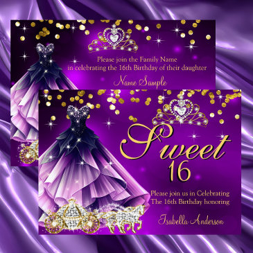 purple sweet 16 birthday dress tiara carriage invitation