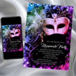 Small Purple Teal Rainbow Masquerade Party Invitation Front View
