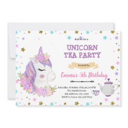 Small Purple Unicorn Tea Birthday Invitation Front View