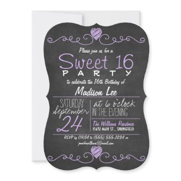 purple & white chalkboard rustic sweet 16 party invitation
