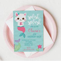 Small Purrmaid Mermaid Kitty Pool Party Birthday Party Invitation Front View