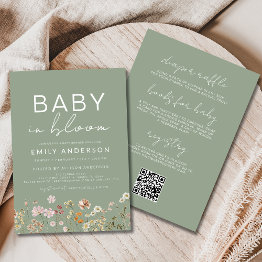 Small Qr Code All In One Wildflower Baby In Bloom Shower Invitation Front View
