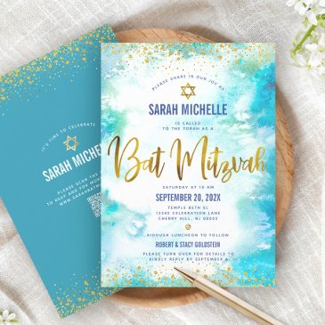 qr code bat mitzvah turquoise watercolor gold foil invitation