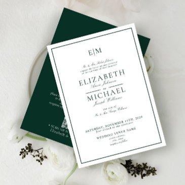 qr code emerald green classic monogram wedding invitation