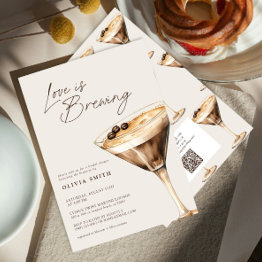 Small Qr Code Love Is Brewing Espresso Martini Shower Invitation Front View
