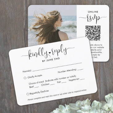 qr code & meal options trendy modern script photo rsvp invitations