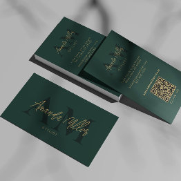 Small Qr Code Modern Minimalist Monogram Emerald Green Business Invitations Front View
