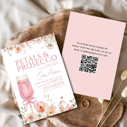 Small Qr Code Petals & Prosecco Blush Bridal Shower Invitation Front View