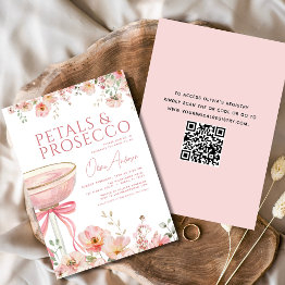 Small Qr Code Petals & Prosecco Pink Bow Bridal Shower Invitation Front View