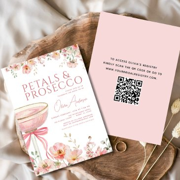 qr code petals & prosecco pink bow bridal shower invitation