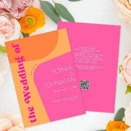 Small Qr Code Retro Pink Orange Bold All In One Wedding Invitation Front View
