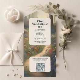 Small Qr Code Rustic Mountain Woodland Forest Wedding All In One Invitation Front View