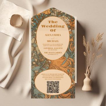 qr code terracotta floral art nouveau wedding all in one invitation