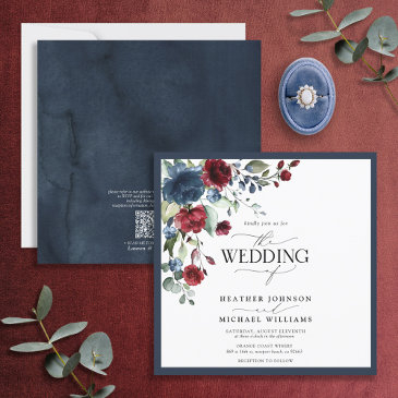 qrcode navy blue burgundy floral watercolor script invitation