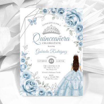 quinceanera baby blue dress silver floral invitation