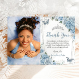 Small Quinceañera Baby Blue Floral Photo Thank You Invitations Front View