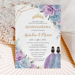 Small Quinceañera Baby Blue Lilac Purple Floral Twins Invitation Front View