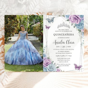 quinceanera baby blue purple lilac floral silver invitation