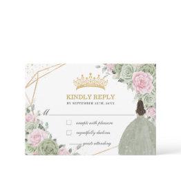 Small Quinceañera Birthday Sage Green Soft Pink Floral Rsvp Invitations Front View