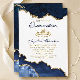 Small Quinceanera Blue Marble Gold Crown Invitation Front View