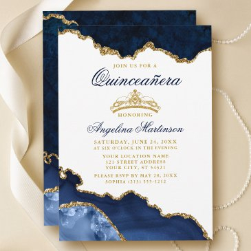 quinceanera blue marble gold crown invitation
