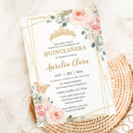 Small Quinceañera Blush Pink Rose Floral Butterfly Tiara Invitation Front View