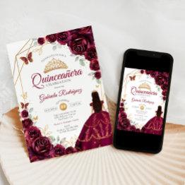 Small Quinceanera Burgundy Dress Floral Gold Invitation Front View