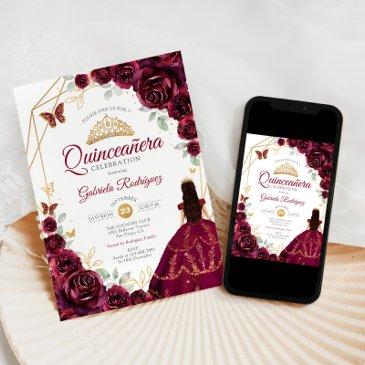quinceanera burgundy dress floral gold invitation