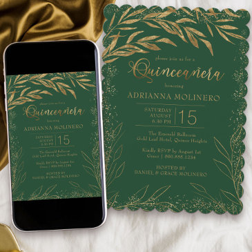 quinceanera emerald green and gold leaves elegant invitation