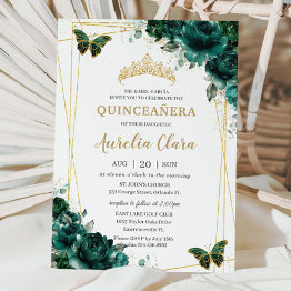 Small Quinceañera Emerald Green Floral Butterflies Tiara Invitation Front View