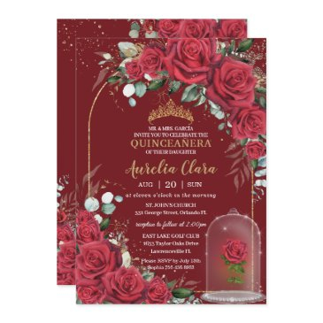 quinceañera enchanted red rose floral princess invitation