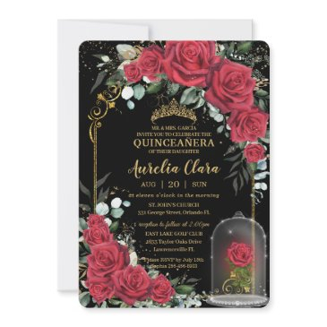 quinceañera enchanted red roses floral black gold invitation