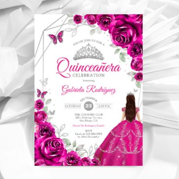 quinceanera fuchsia pink silver dress invitation