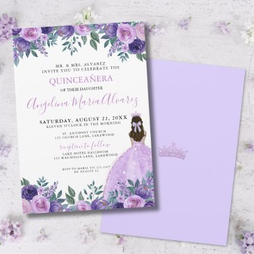 quinceañera lilac purple flowers crown invitation
