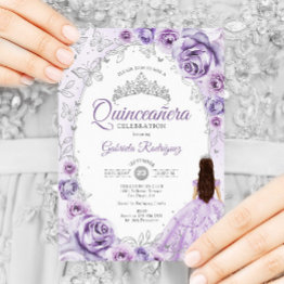 Small Quinceanera Lilac Purple Silver Floral Invitation Front View