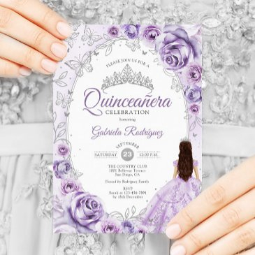 quinceanera lilac purple silver floral invitation
