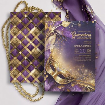 quinceanera masquerade purple gold id1031 invitation