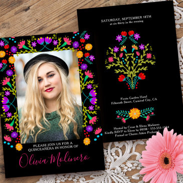 quinceanera mexican fiesta floral black photo invitation