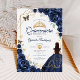Small Quinceanera Navy Blue Floral Dress Gold Invitation Front View