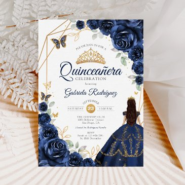 quinceanera navy blue floral dress gold invitation