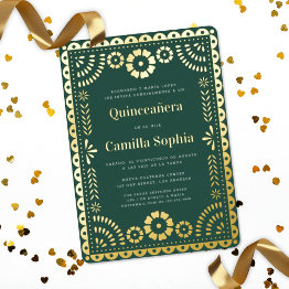 Small Quinceañera Papel Picado Dark Green Gold Foil Invitation Front View