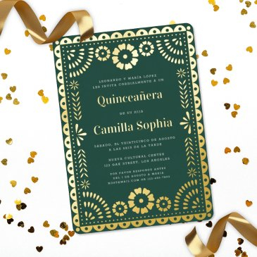 quinceañera papel picado dark green gold foil invitation